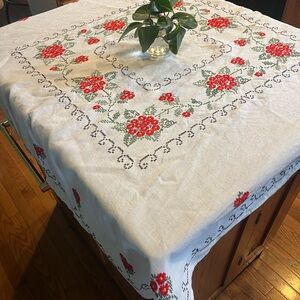 Vintage Red and Green Embroidered Tablecloth